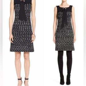 St. John Liya dress Black White Tweed Knit A-Line Shift Sleeveless silk bow 12